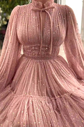 Vestido de noche elegante y dulce con cuello mandarín de malla con lentejuelas sólidas